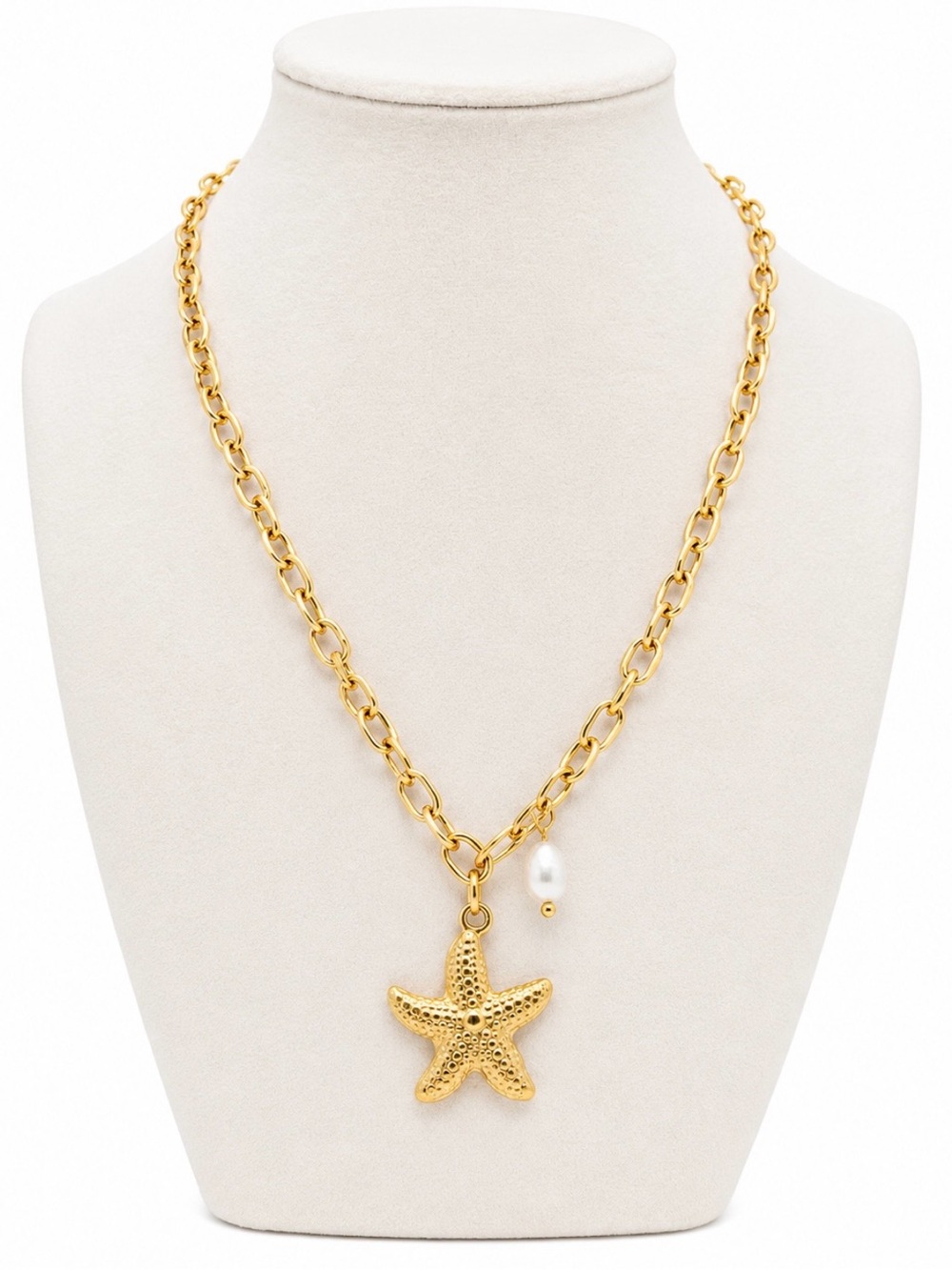 18K Gold Plated Starfish Faux Pearl Necklace Stainless Steel Beach Coastal NEW